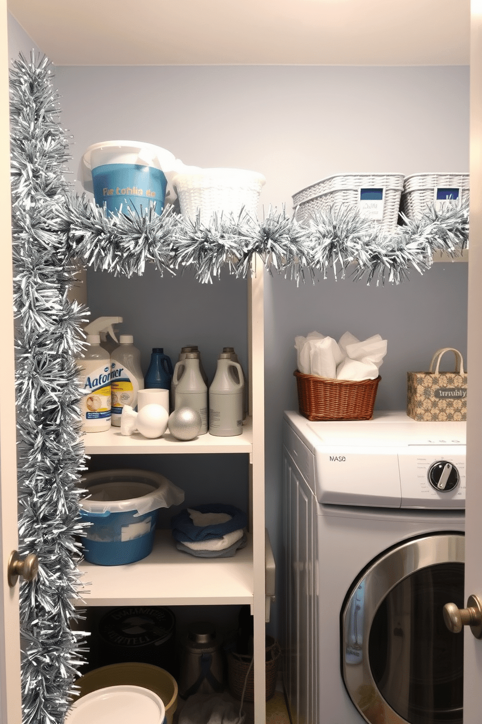 A cozy laundry room adorned with silver tinsel draped around the open shelves, adding a festive touch for the holiday season. The shelves are filled with neatly organized laundry supplies, while a cheerful blue and white color scheme enhances the space's inviting atmosphere.