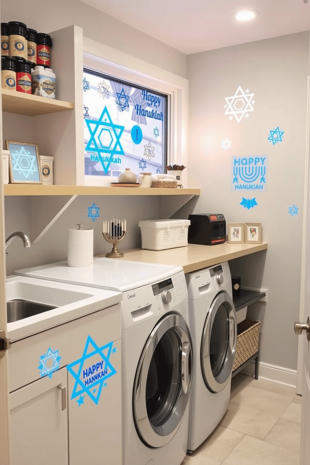 A festive laundry room adorned with Hanukkah-themed window clings, featuring vibrant blue and silver designs that celebrate the holiday. The space includes a practical washing machine and dryer, complemented by cheerful decorations such as menorahs and dreidels displayed on shelves.