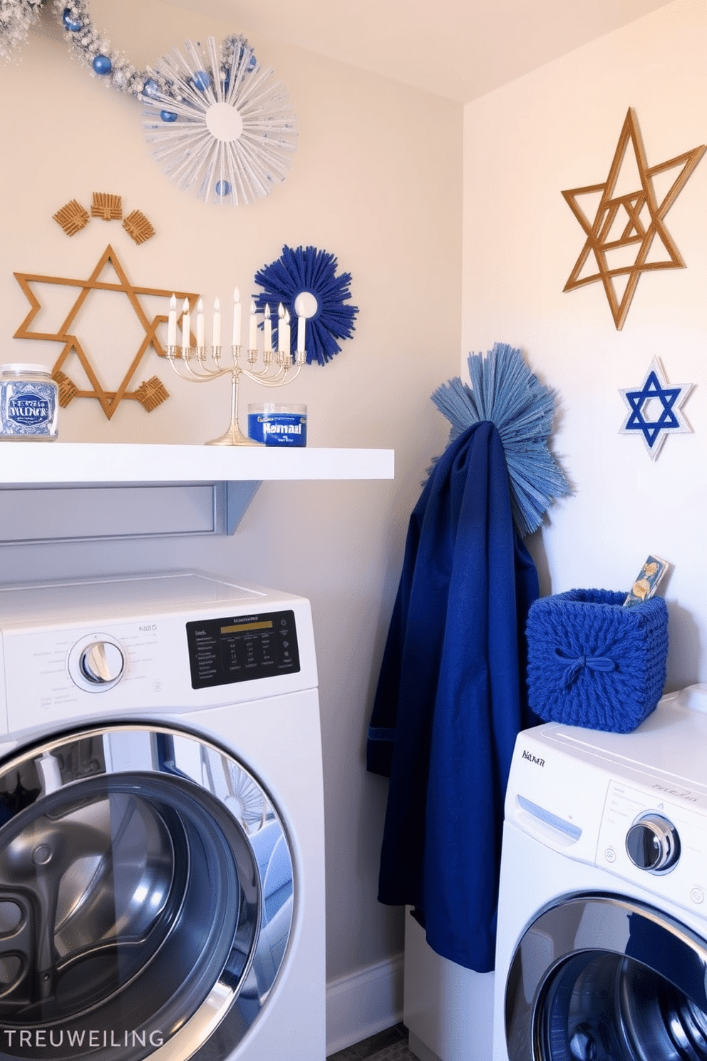 A stylish laundry room featuring a sleek silver menorah elegantly displayed on a floating shelf. The walls are adorned with festive Hanukkah decorations, including blue and silver accents that bring warmth and joy to the space.