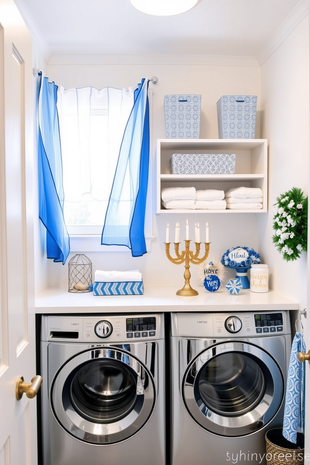 A bright and cheerful laundry room featuring blue and white curtains that flutter gently in the breeze. The space is organized with open shelving displaying neatly folded towels and decorative baskets, creating a welcoming atmosphere for holiday decorating. For Hanukkah, the laundry room is adorned with subtle decorations, including a menorah on the countertop and blue and silver accents throughout. The walls are painted a soft white, allowing the vibrant colors of the decorations to stand out beautifully.