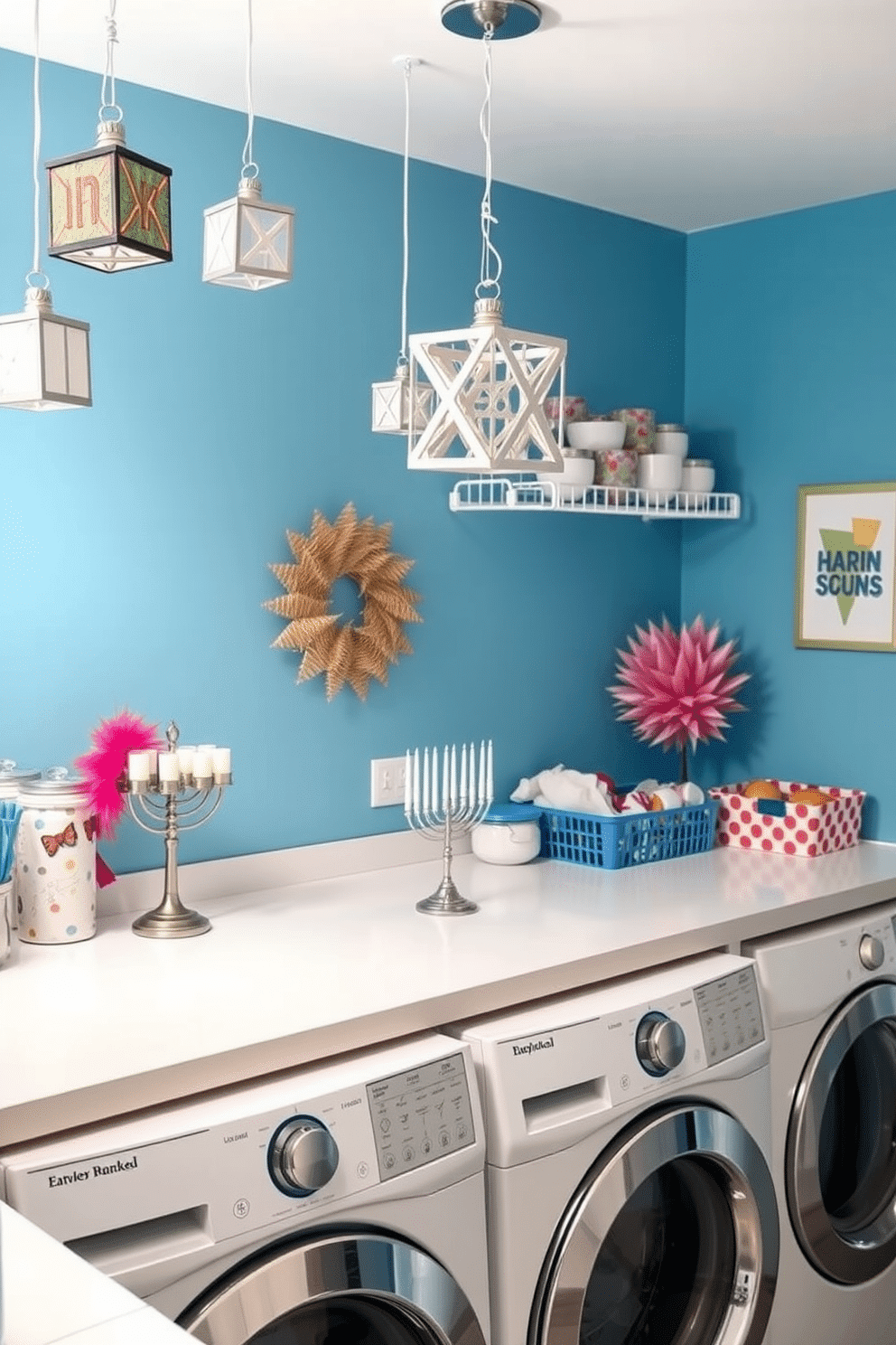 A bright and cheerful laundry room adorned with silver dreidel ornaments hanging from the ceiling. The walls are painted a soft blue, and a stylish white countertop is lined with festive decorations, including a small menorah and colorful Hanukkah-themed storage baskets.