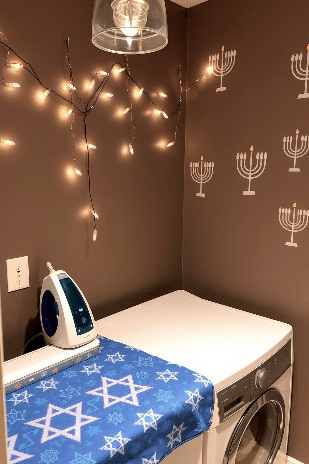 A festive laundry room adorned for Hanukkah features a vibrant ironing board cover with a Star of David pattern in shades of blue and silver. The walls are decorated with string lights and menorah motifs, creating a warm and inviting atmosphere perfect for holiday preparations.