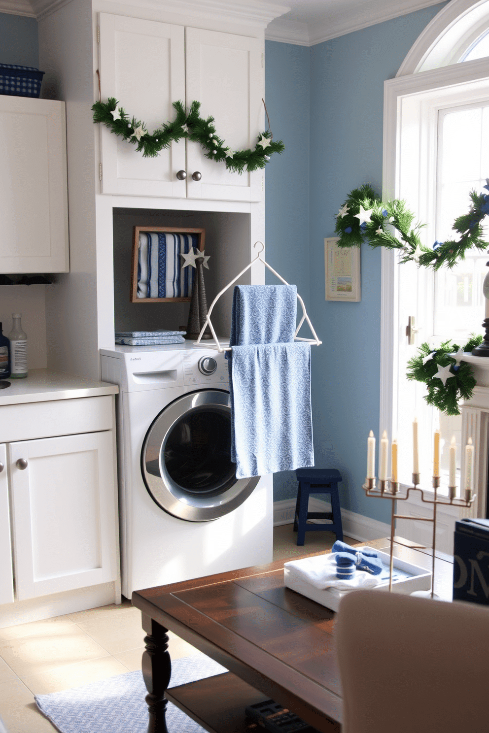 A charming laundry room featuring a blue and white drying rack, elegantly positioned near a window that allows natural light to flood the space. The walls are painted a soft, airy blue, complemented by white cabinetry that provides ample storage for laundry essentials. For Hanukkah decorating ideas, envision a cozy living room adorned with blue and silver accents, including a beautifully arranged menorah on the coffee table. Soft, warm lighting creates an inviting atmosphere, while festive garlands and star decorations hang gracefully from the mantel.