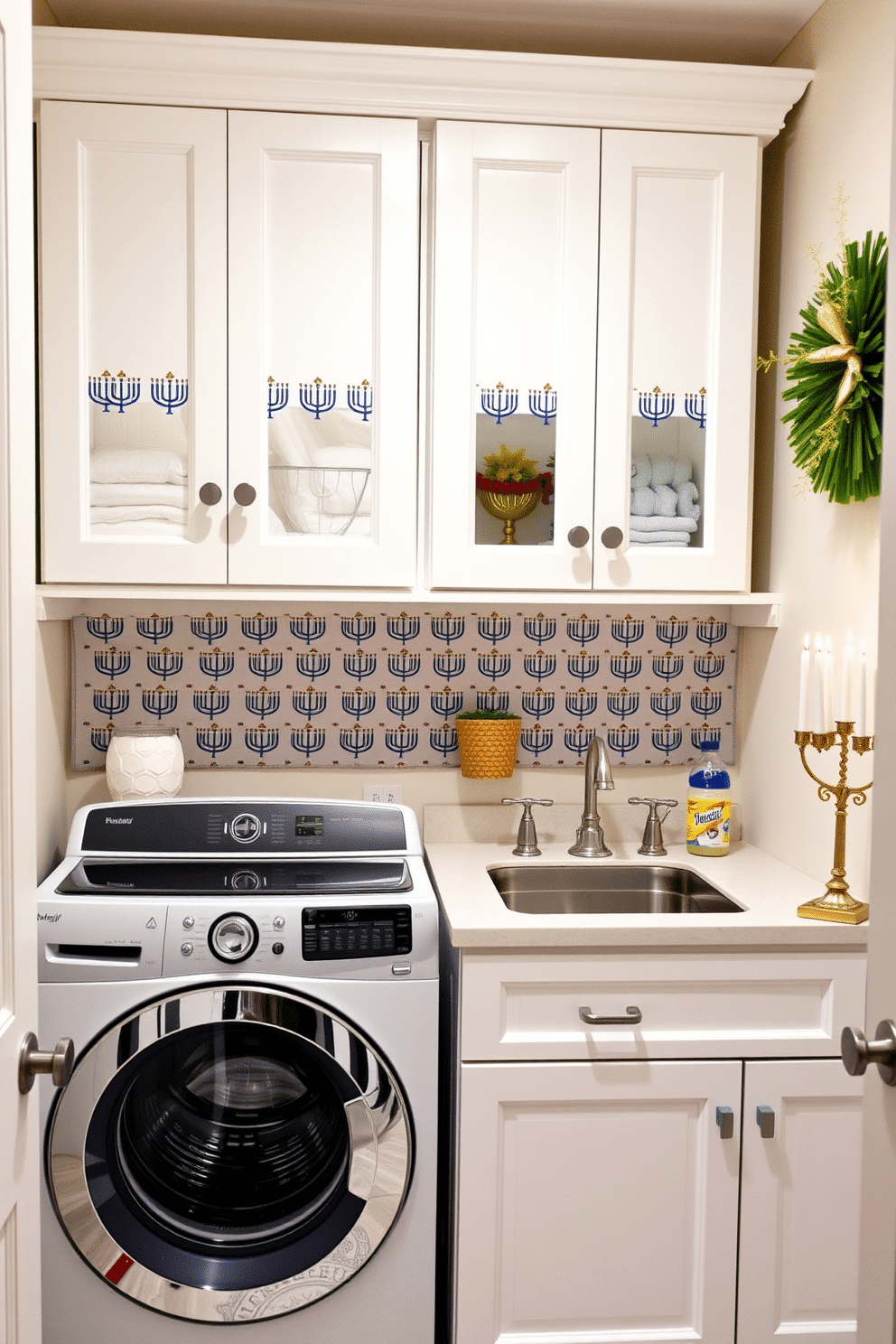 A cheerful laundry room adorned with Menorah-patterned shelf liners. The space features a bright, airy atmosphere with white cabinetry and a spacious countertop for folding clothes, complemented by festive decorations for Hanukkah.