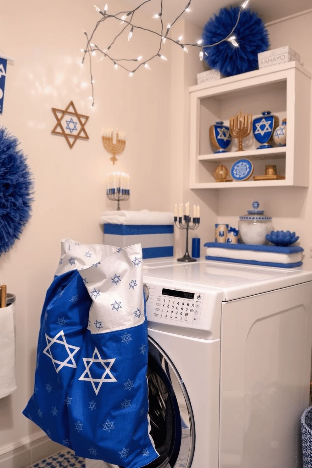 A festive laundry room decorated for Hanukkah features vibrant blue and silver accents throughout. The focal point is a pair of custom laundry bags adorned with Star of David patterns, placed on a sleek white washing machine. The walls are painted in a soft, warm white to create a cozy atmosphere, while decorative menorahs and dreidels are displayed on open shelves. Twinkling string lights hang above the workspace, adding a cheerful glow to the room during the holiday season.