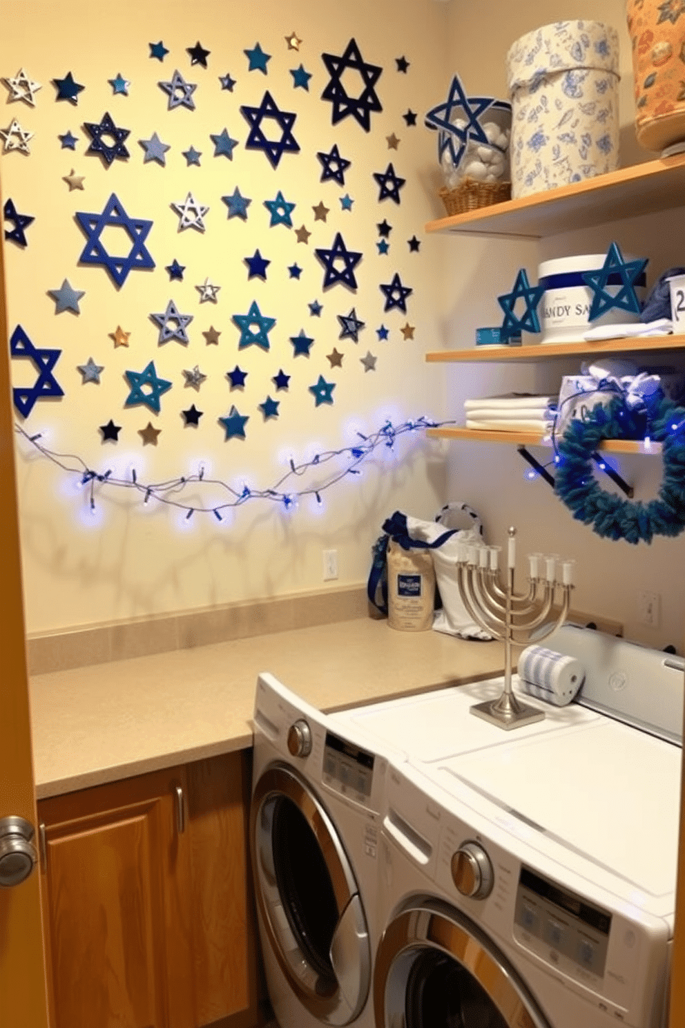 A cozy laundry room featuring a wall adorned with Star of David magnets in various colors and sizes, creating a festive atmosphere. The space is brightened by cheerful Hanukkah-themed decorations, including garlands of blue and white lights draped across the shelves. The laundry machines are neatly tucked into a cabinet with a warm wood finish, complemented by a countertop for folding clothes. A decorative menorah sits on the counter, adding a personal touch to the holiday decor.