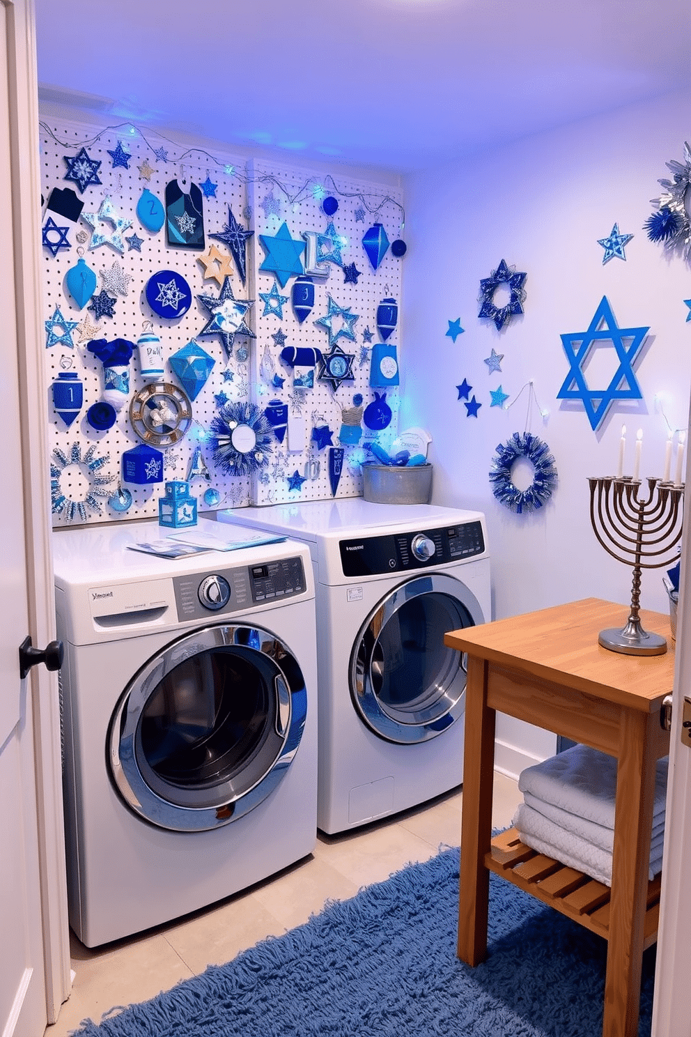 A festive laundry room adorned with a Hanukkah-themed pegboard, showcasing an array of blue and silver decorations, including dreidels and Stars of David. The walls are painted a soft white, and the pegboard is filled with cheerful holiday crafts and colorful string lights, creating a warm and inviting atmosphere. To the side, a practical wooden countertop is set against the wall, providing space for folding laundry, while a decorative menorah sits prominently on display. The floor features a light gray tile, and a cozy blue rug adds a touch of comfort underfoot, enhancing the festive spirit of the space.