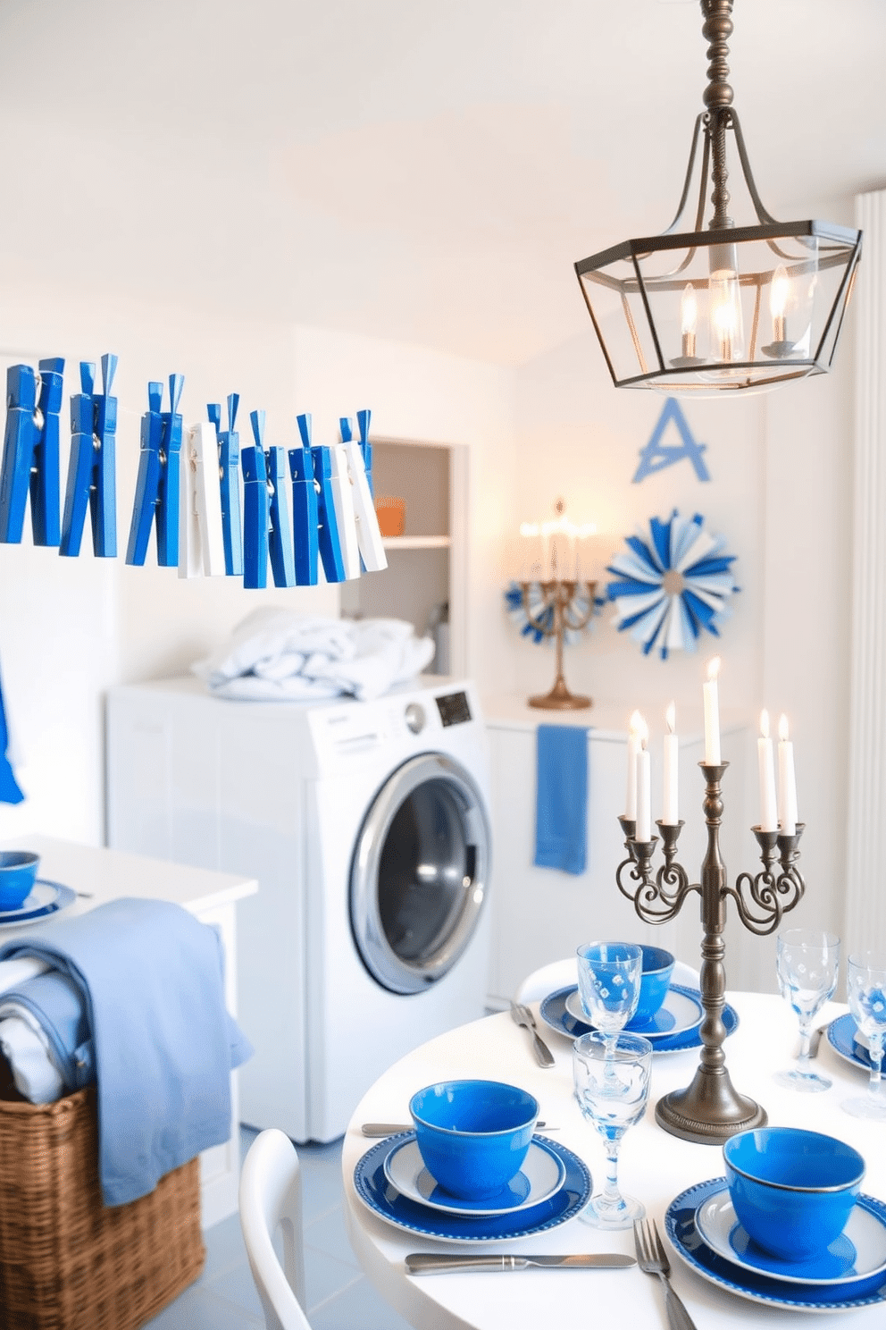 A bright and cheerful laundry room featuring blue and white clothespins hanging from a stylish line. The walls are painted a soft white, and the floor is adorned with light blue tiles, creating a fresh and inviting atmosphere. For Hanukkah decorating ideas, imagine a cozy corner with a beautifully arranged menorah and a backdrop of blue and silver decorations. Soft, warm lighting enhances the festive spirit, while a table is set with traditional treats and elegant blue tableware.