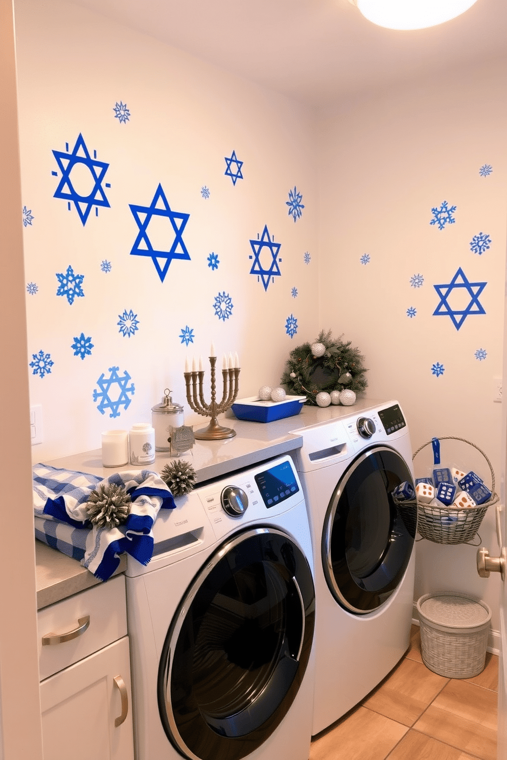 A cozy laundry room adorned with Hanukkah-themed wall decals, featuring blue and silver designs that celebrate the festival of lights. The walls are painted a soft white, creating a bright and cheerful atmosphere, while a functional countertop is decorated with festive ornaments and a menorah. The laundry appliances are neatly arranged, with a decorative basket filled with dreidels and gelt nearby. Soft, warm lighting enhances the inviting feel, making it a perfect space for holiday preparations and family gatherings.