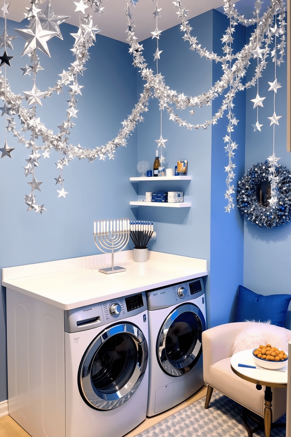 A bright and cheerful laundry room adorned with silver star garlands draped across the ceiling. The walls are painted a soft blue, and the space features a modern washer and dryer with a sleek white countertop for folding clothes. To celebrate Hanukkah, the room is decorated with a menorah placed on the countertop, surrounded by festive blue and silver accents. A cozy nook with a plush chair invites relaxation while enjoying the holiday spirit, complemented by a small table displaying traditional treats.