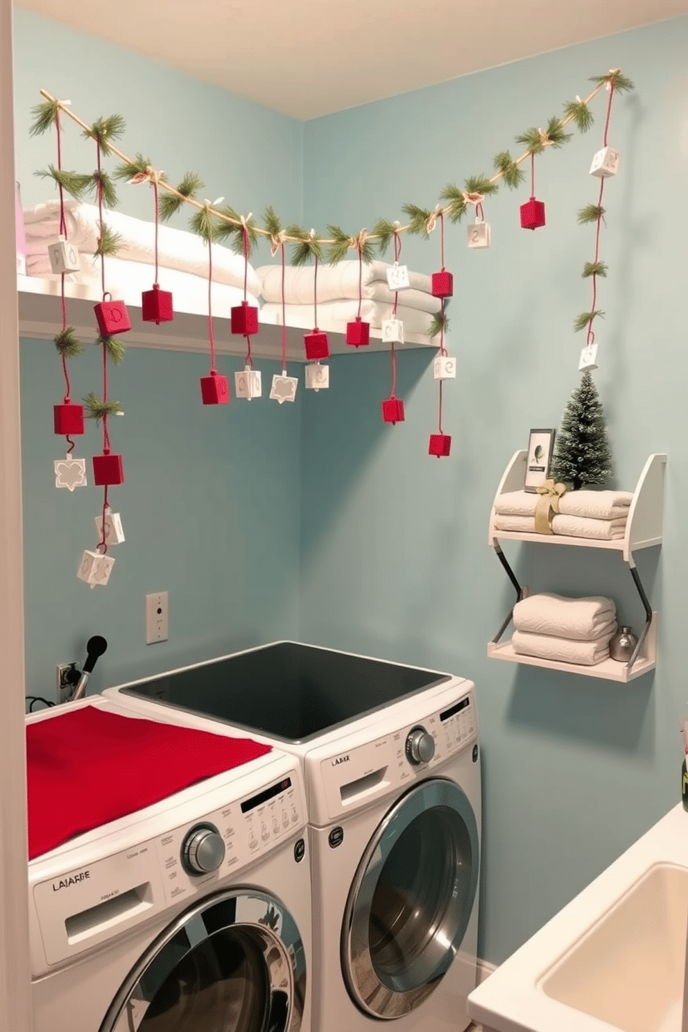 A cozy laundry room adorned with festive dreidel garlands hanging gracefully above the washing machine. The walls are painted in a cheerful light blue, and a small shelf holds neatly folded towels and holiday-themed decorations.