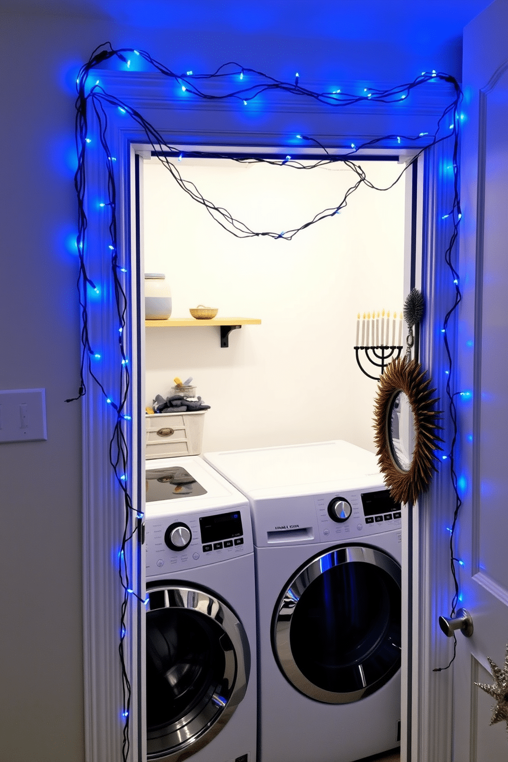 A cozy laundry room adorned with blue string lights elegantly wrapped around the door frame, creating a warm and inviting atmosphere. The walls are painted in a soft white, and a modern washer and dryer are neatly tucked away, complemented by festive Hanukkah decorations that add a cheerful touch to the space.