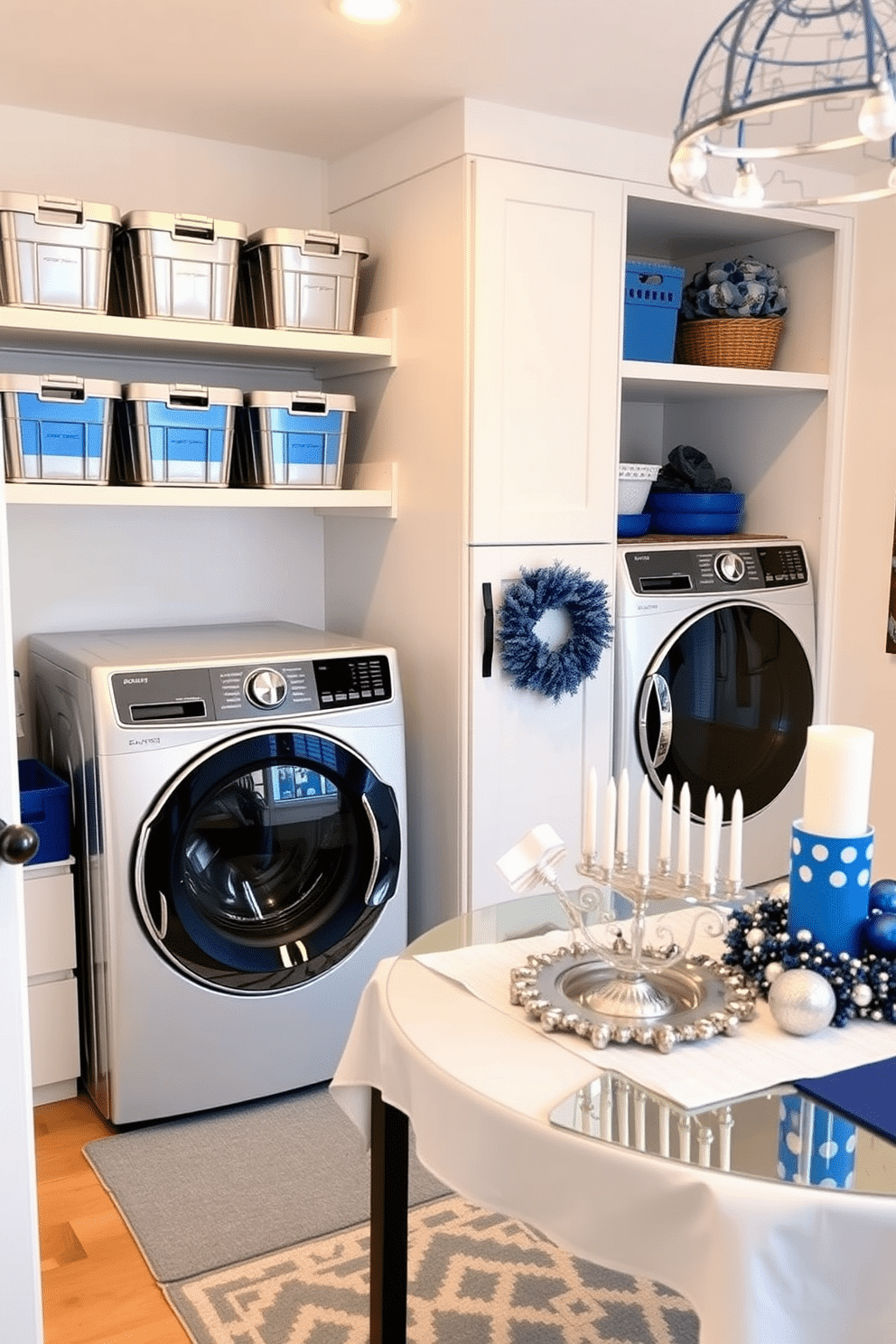 A bright and organized laundry room featuring silver and blue storage bins neatly arranged on open shelving. The walls are painted in a soft white, enhancing the space's cleanliness, while a stylish rug adds a pop of color beneath the washing machine and dryer. For Hanukkah decorating ideas, envision a cozy living space adorned with blue and silver accents. A beautifully set table with a menorah centerpiece, surrounded by festive decorations, creates a warm and inviting atmosphere for family gatherings.