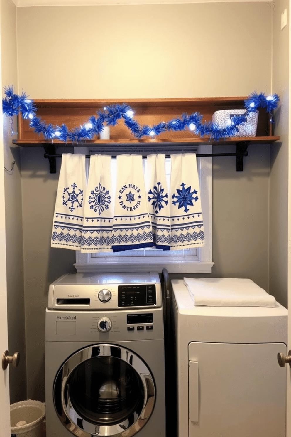 A cozy laundry room adorned for Hanukkah. Festive hand towels, featuring traditional blue and white patterns, are neatly displayed on a wooden shelf above the washing machine. The walls are painted a soft gray, providing a calm backdrop for the cheerful decorations. String lights in blue and white drape across the window, adding a warm glow to the space.