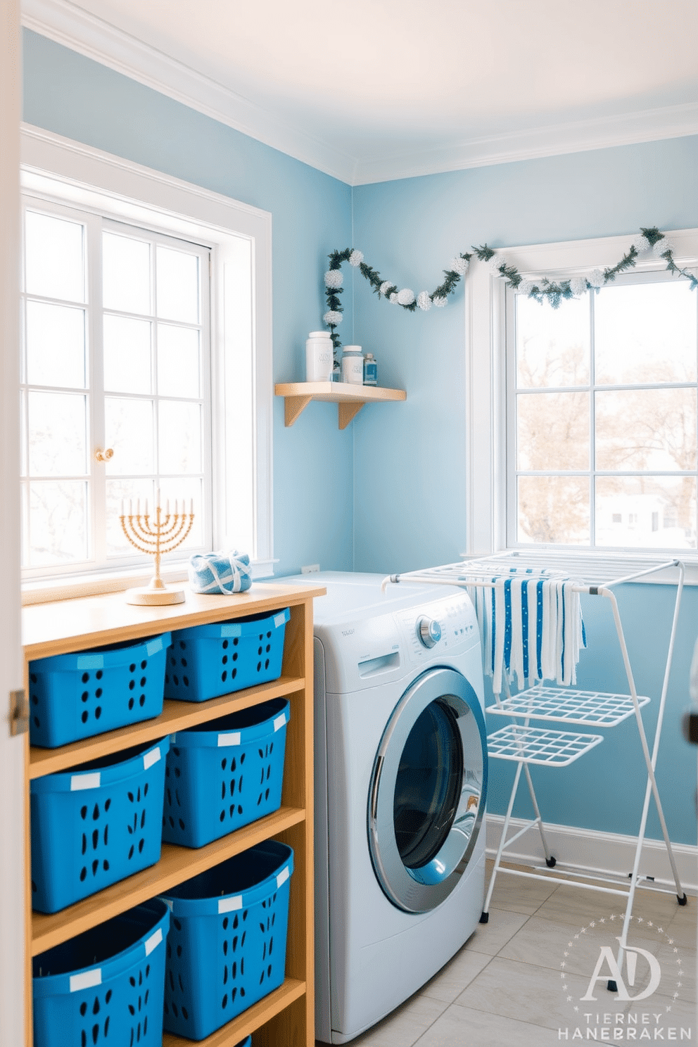 A bright and airy laundry room featuring blue and white laundry baskets neatly arranged along a wooden shelf. The walls are painted in a soft pastel blue, and a stylish drying rack is positioned next to a large window, allowing natural light to flood the space. For Hanukkah decorating ideas, the room is adorned with subtle blue and silver accents, including a beautifully wrapped menorah on a shelf and festive garlands hanging above the window. Soft, warm lighting enhances the cozy atmosphere, making the laundry space feel inviting and festive.