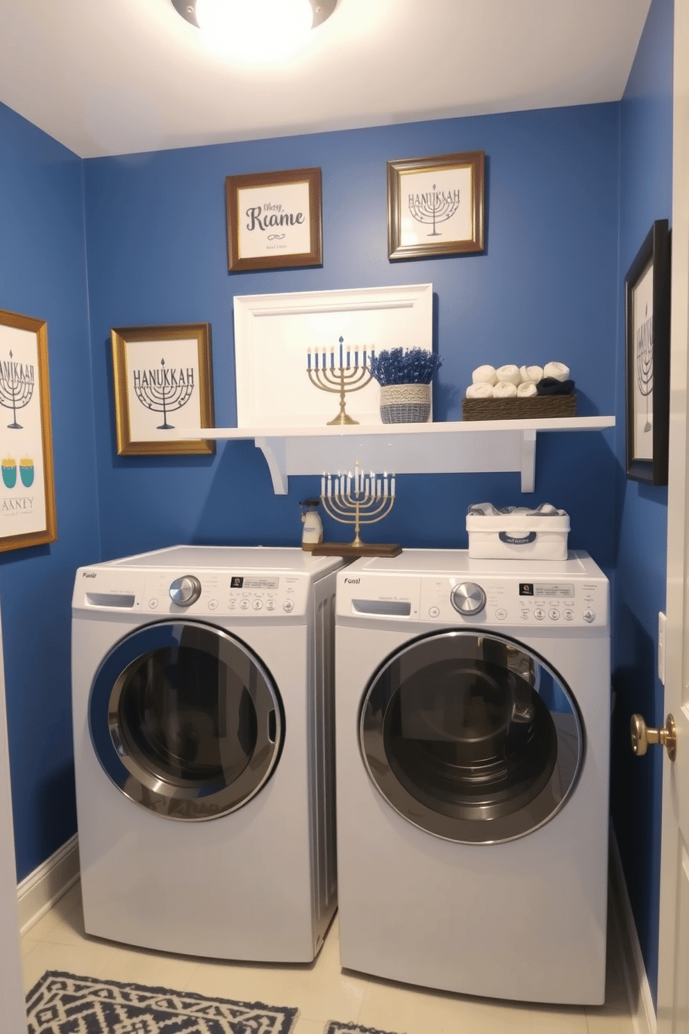 A cozy laundry room adorned with Hanukkah-themed framed prints on the walls. The space features a practical washer and dryer setup, complemented by a decorative blue and white color scheme, with a menorah centerpiece on a shelf.