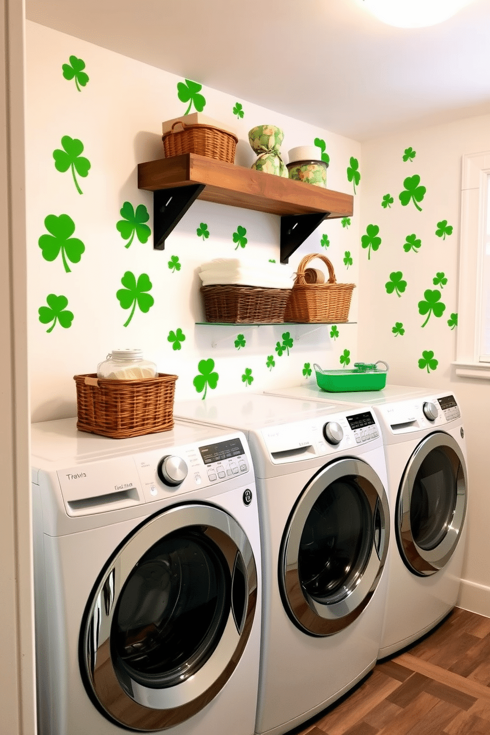 A cheerful laundry room adorned with green shamrock wall decals, creating a festive atmosphere for St. Patrick's Day. The space features a modern washer and dryer, complemented by a rustic wooden shelf displaying decorative baskets and seasonal accents.