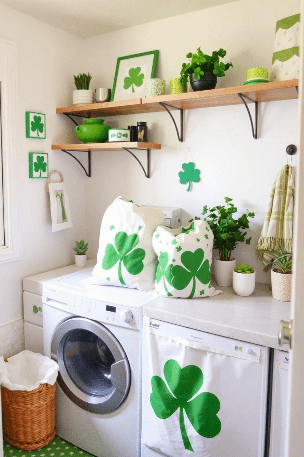 A cheerful laundry room adorned with shamrock-patterned laundry bags that add a festive touch for St. Patrick's Day. The walls are painted a soft white, while green accents, such as decorative shelves and potted plants, enhance the theme.