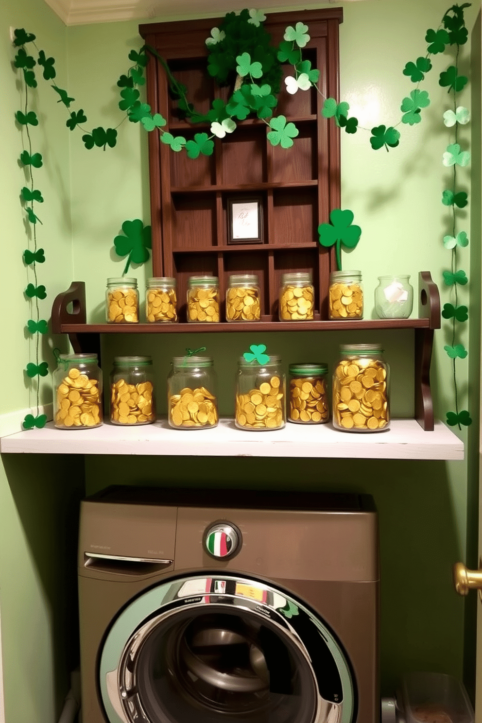 A charming laundry room decorated for St. Patrick's Day features a vintage wooden shelf adorned with a collection of gold coin jars, each filled with shiny chocolate coins. The walls are painted a soft pastel green, and cheerful shamrock garlands hang above the washer and dryer, adding a festive touch to the space.