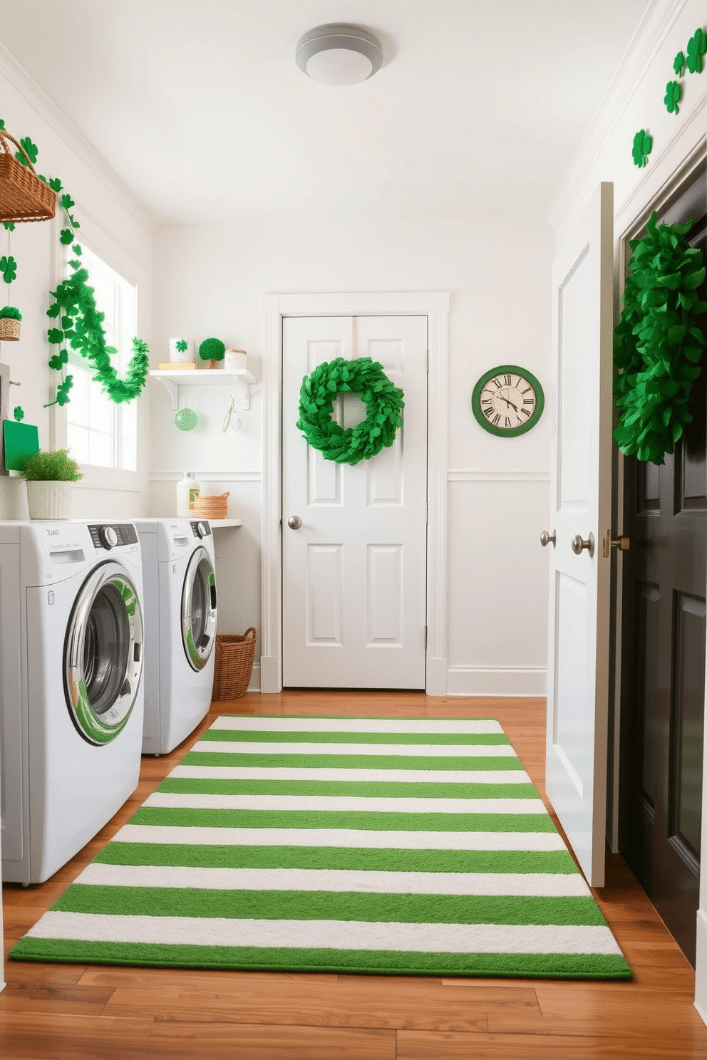 A bright and cheerful laundry room featuring a green and white striped rug that adds a touch of festivity. The space is adorned with St. Patrick's Day decorations, including shamrock garlands and a playful green wreath on the door.