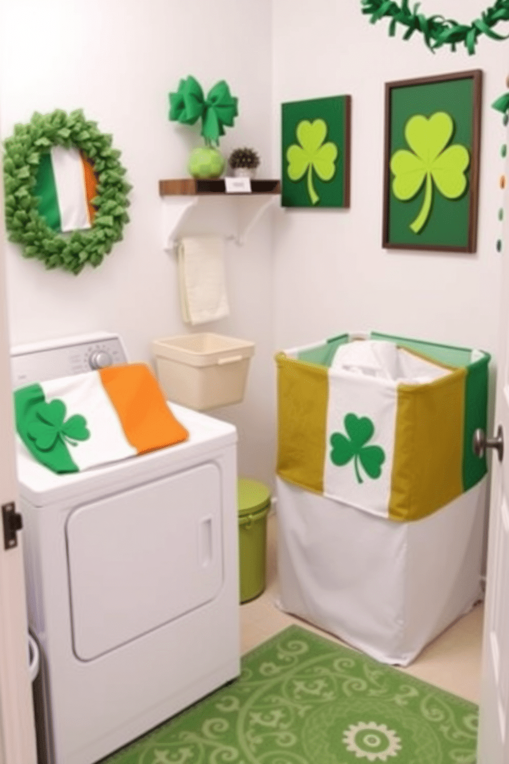 A cheerful laundry room decorated for St. Patrick's Day features vibrant Irish flag laundry hampers, adding a festive touch to the space. The walls are painted a soft white, while green accents, such as shamrock-themed wall art and a cozy rug, create a welcoming atmosphere.