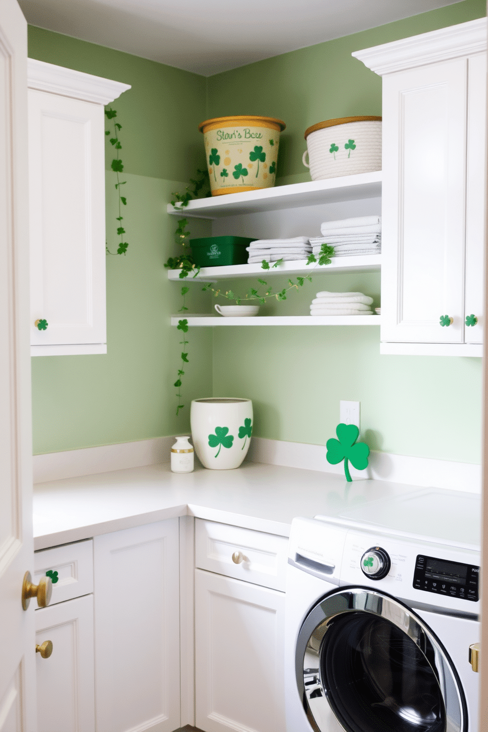 A charming laundry room adorned with clover leaf cabinet knobs that add a touch of whimsy to the space. The walls are painted in a soft pastel green, complemented by white cabinetry and a stylish countertop for folding clothes. For St. Patrick's Day, the room is decorated with festive accents such as green and gold garlands draped along the shelves. Playful clover-themed decor items are strategically placed on the countertop, creating a cheerful and inviting atmosphere.