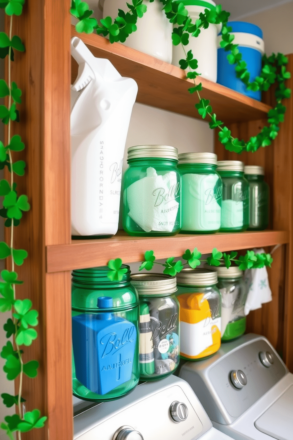 A bright and cheerful laundry room featuring green mason jars used for storage. The jars are neatly arranged on a rustic wooden shelf, filled with various laundry essentials and adorned with festive St. Patrick's Day decorations like shamrock garlands and small green accents.