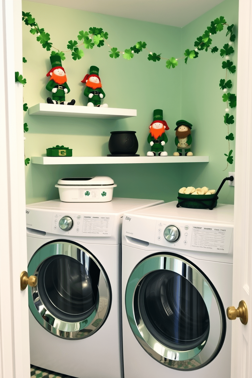 A whimsical laundry room decorated for St. Patrick's Day features cheerful leprechaun figurines perched on floating shelves. The walls are painted a soft mint green, and festive garlands of shamrocks hang above the washer and dryer, adding a playful touch to the space.