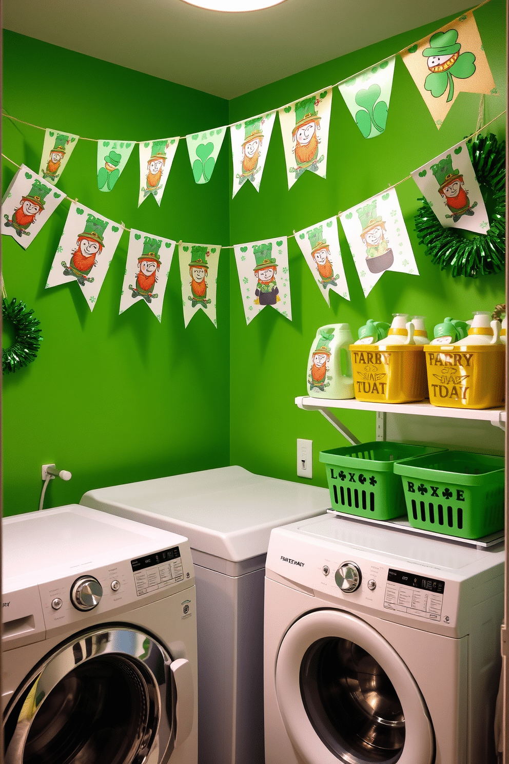 A vibrant laundry room adorned with St. Patrick’s Day decorations. The walls are painted a cheerful green, and festive banners featuring shamrocks and leprechauns hang from the ceiling. The detergent labels are designed with playful fonts and bright colors, incorporating iconic symbols like pots of gold and rainbows. A decorative shelf displays green and gold laundry baskets, adding to the holiday spirit.