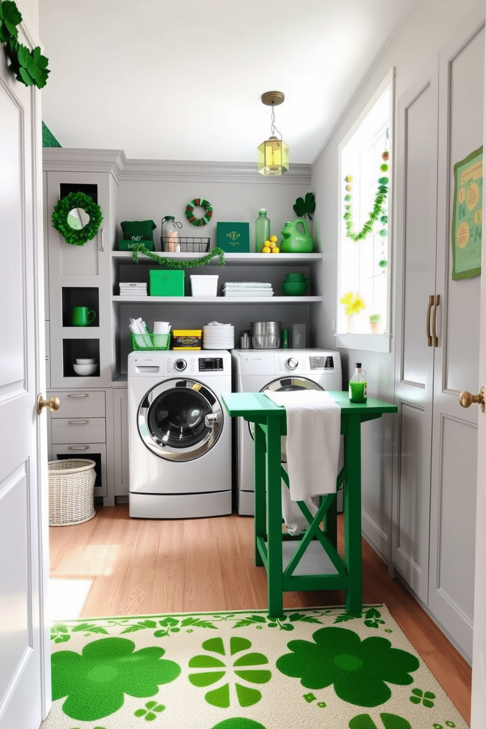 A stylish laundry room featuring an emerald green folding table that contrasts beautifully with the light gray cabinetry. The walls are adorned with playful St. Patrick's Day decorations, including shamrock garlands and green accents, creating a festive atmosphere. Natural light floods the space through a window, highlighting the organized shelves stocked with laundry essentials. A cheerful, patterned rug in shades of green and white ties the room together, adding warmth and comfort to the functional area.