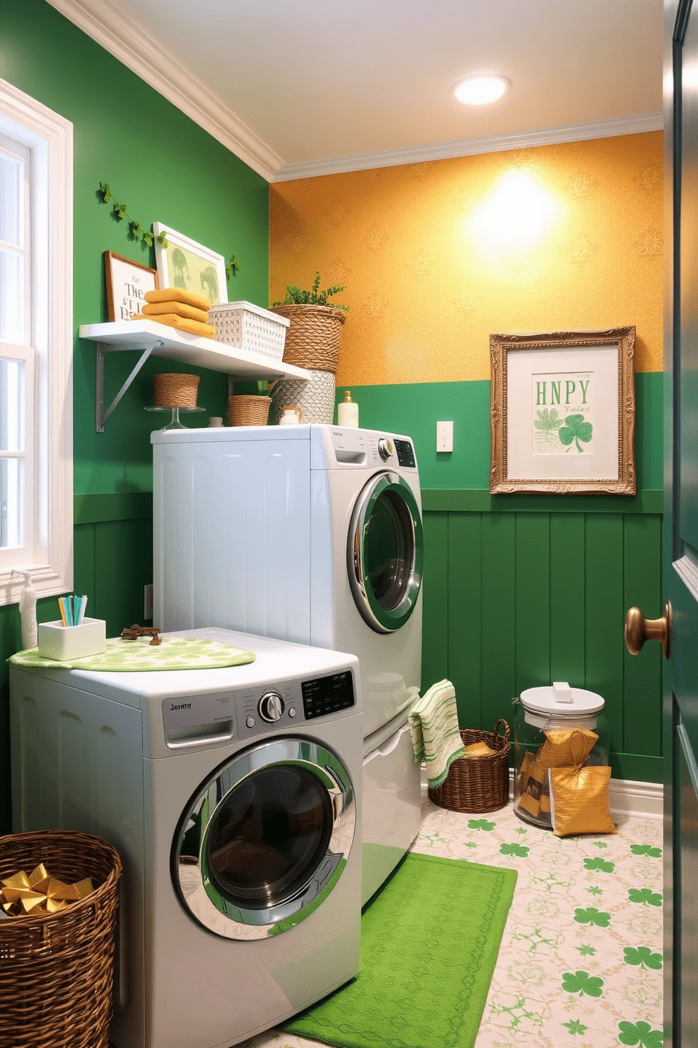 A vibrant laundry room featuring green and gold wall paint that complements the festive St. Patrick's Day theme. The space includes a stylish washer and dryer, accented by decorative elements such as shamrocks and gold accents throughout the room.