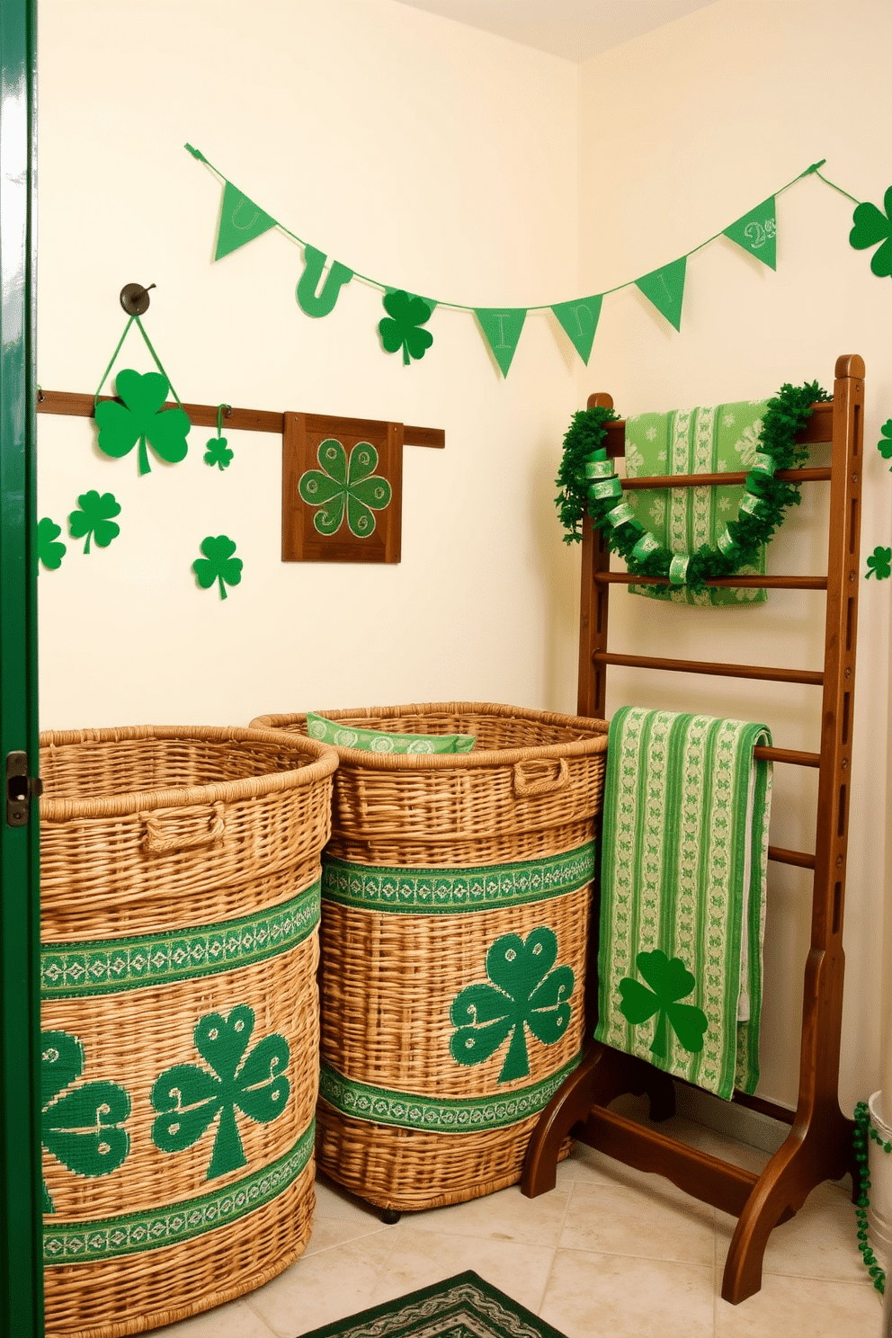 A charming laundry room inspired by Irish themes. The space features woven laundry baskets adorned with Celtic patterns, placed neatly beside a vintage wooden drying rack. The walls are painted in a soft cream color, creating a warm atmosphere. Green accents, like shamrock decorations and a festive St. Patrick's Day banner, add a playful touch to the decor.