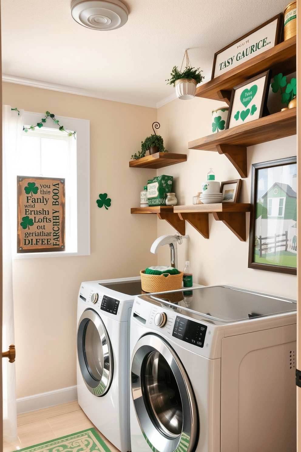 A charming laundry room adorned with Irish-themed signs featuring playful phrases and traditional Celtic designs. The walls are painted a soft cream color, complemented by rustic wooden shelves displaying green and gold accents, creating a festive St. Patrick's Day atmosphere. Incorporate decorative elements such as shamrock garlands and framed prints of iconic Irish landscapes. The laundry area is brightened by natural light streaming in from a window adorned with sheer white curtains, enhancing the cheerful and inviting space.