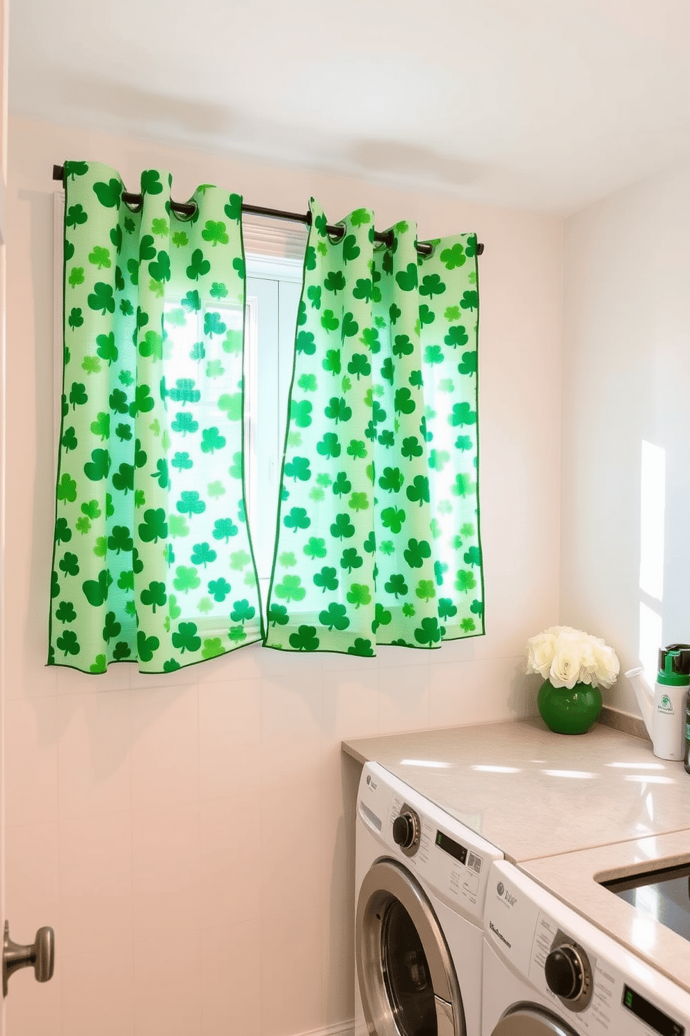 A bright and cheerful laundry room adorned with shamrock patterned curtains that flutter gently in the breeze. The walls are painted a soft white, and the countertops are a light gray quartz, creating a fresh and inviting atmosphere for St. Patrick's Day decorating ideas.