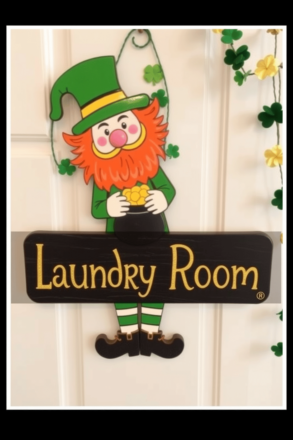 A whimsical leprechaun laundry room door sign features a playful design with a mischievous leprechaun holding a pot of gold, surrounded by shamrocks. The sign is painted in vibrant green and gold hues, perfect for welcoming guests with a touch of St. Patrick's Day cheer. For St. Patrick's Day decorating ideas, consider incorporating green and gold accents throughout the laundry room. Hang festive garlands made of shamrocks and use themed towels to create a cheerful and inviting atmosphere.