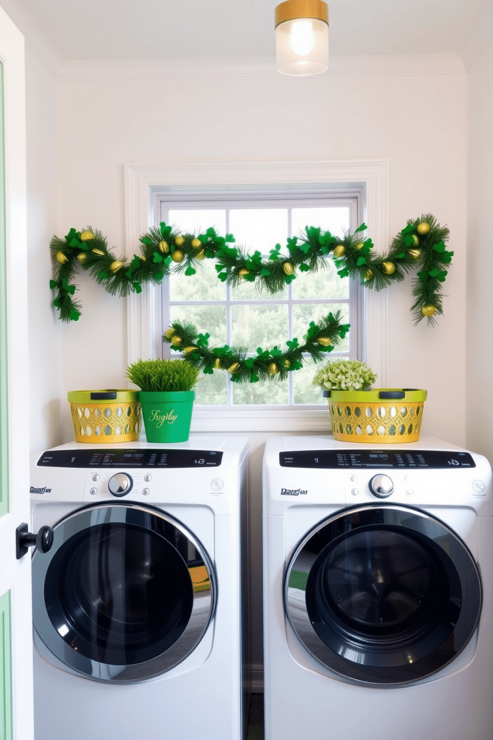 A bright and cheerful laundry room featuring green and gold laundry baskets that add a festive touch for St. Patrick's Day. The walls are painted a soft white, and a decorative shamrock garland hangs above the window, enhancing the holiday spirit.