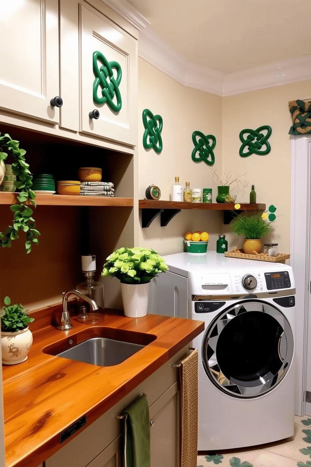 A cozy laundry room adorned with Celtic knot decorative accents, featuring a rustic wooden countertop and open shelving. The walls are painted in a soft cream color, and a cheerful green and gold color scheme reflects the spirit of St. Patrick's Day, with festive decorations and plants adding a touch of life.