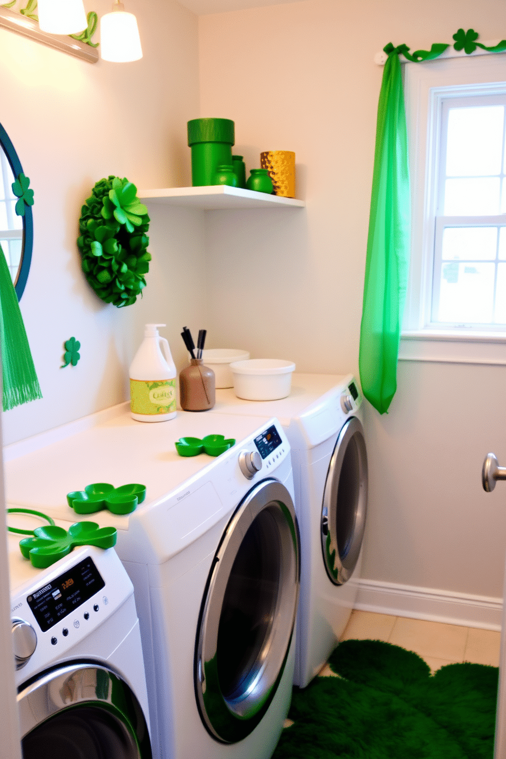 A cheerful laundry room decorated for St. Patrick's Day features shamrock-shaped soap dishes placed on a bright white countertop. The walls are adorned with festive green and gold accents, and a playful green rug adds a touch of whimsy to the space.