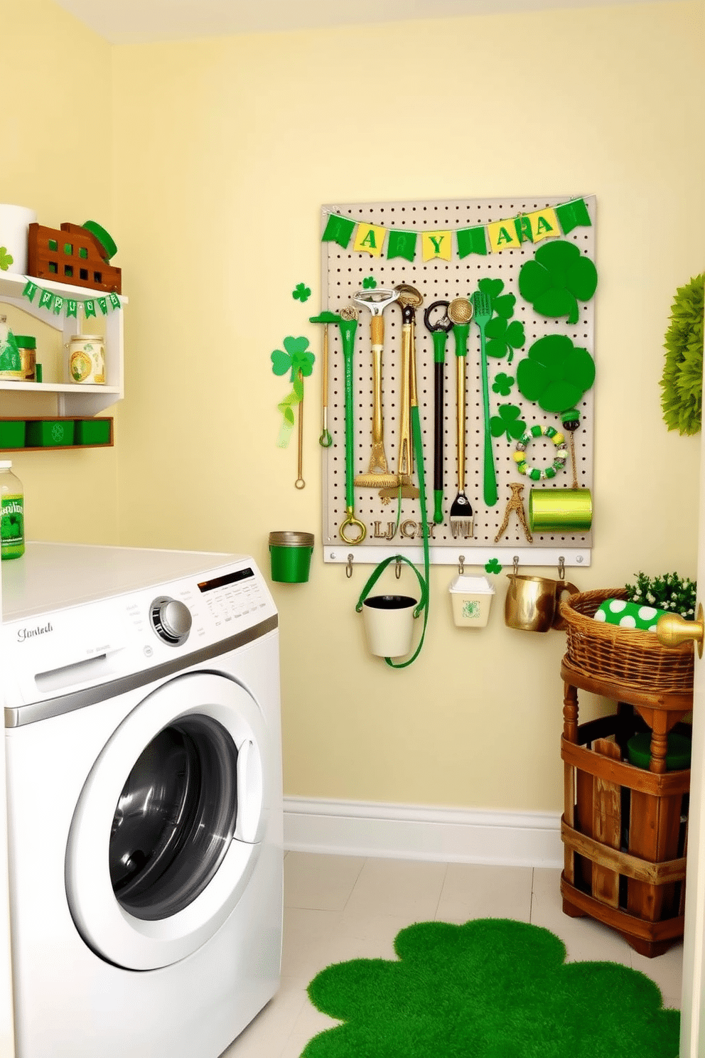 A charming laundry room adorned with an Irish-themed pegboard organizer, featuring vibrant green and gold accents. The pegboard is filled with various tools and decorative elements that celebrate St. Patrick's Day, including shamrocks and festive banners. The walls are painted in a soft cream color, providing a warm backdrop for the lively decor. A vintage wooden laundry basket sits in the corner, complemented by a cheerful green rug on the floor.