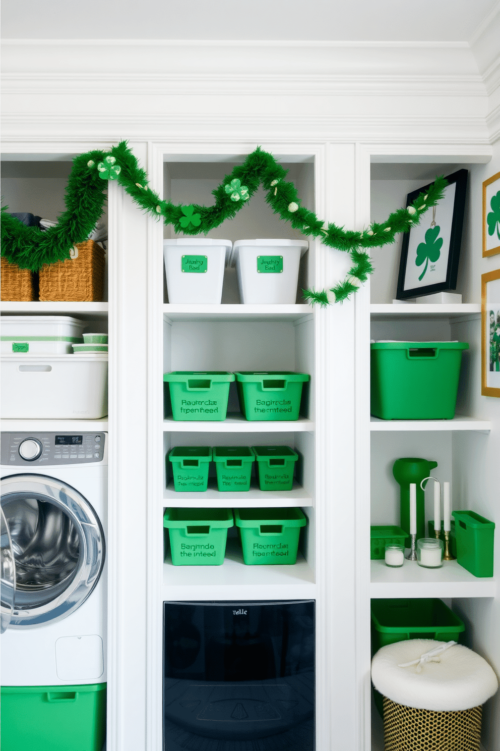 A bright and cheerful laundry room adorned with green and white storage bins neatly organized on open shelves. The walls are painted in a soft white hue, and a festive St. Patrick's Day theme is introduced through green and gold decorations, including shamrock garlands and themed wall art.