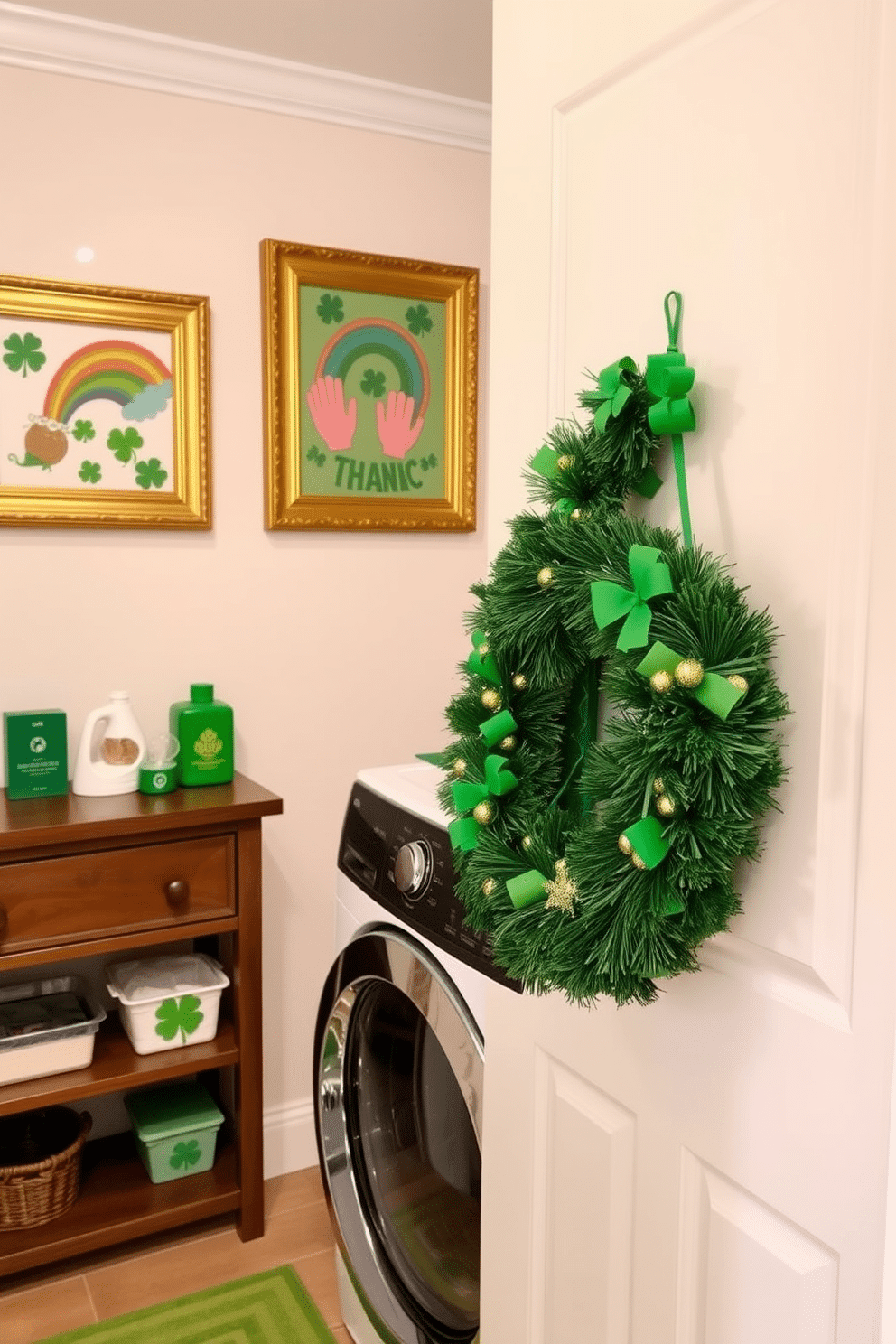 A stylish laundry room features gold-framed art on the walls, adding a touch of elegance to the space. The artwork showcases vibrant colors and playful designs, perfectly complementing the room's functionality. For St. Patrick's Day, the laundry room is adorned with festive decorations, including green accents and shamrock-themed decor. A cheerful wreath made of faux greenery and gold accents hangs on the door, bringing a festive spirit to the space.