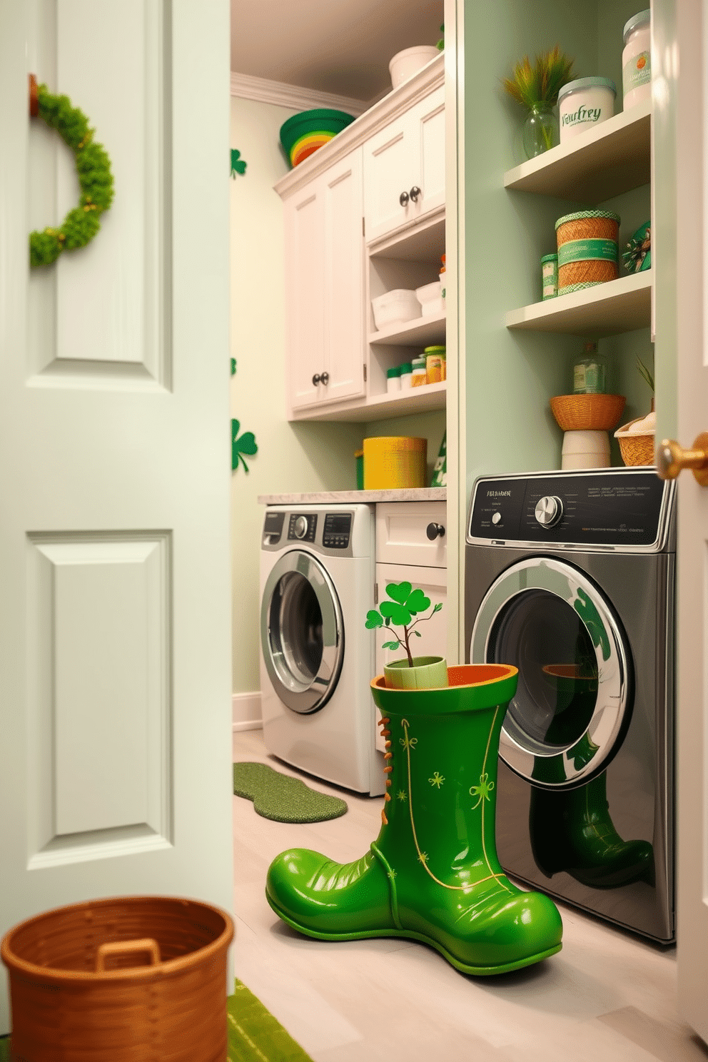 A whimsical leprechaun shoe doorstop sits at the entrance of a cheerful laundry room, adding a touch of festive charm for St. Patrick's Day. The shoe is painted in vibrant green with gold accents, perfectly complementing the bright, airy space filled with organized shelves and cheerful decor. The laundry room features a light, mint green color palette with white cabinetry and playful St. Patrick's Day decorations adorning the walls. A small potted shamrock plant rests on the countertop next to a vintage-style washing machine, creating a cozy and inviting atmosphere for holiday-themed laundry days.