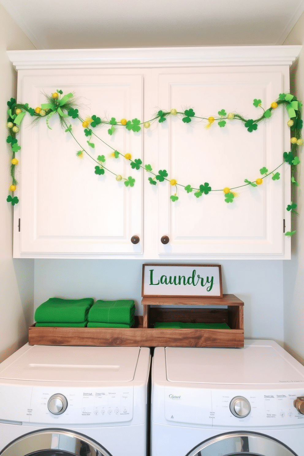 A festive laundry room adorned with a St. Patrick's Day garland draped across the top of the cabinets. The garland features vibrant green and gold accents, with shamrocks and small pots of gold, creating a cheerful atmosphere. The walls are painted a soft white, providing a bright backdrop for the decorations. A rustic wooden shelf displays neatly folded green towels and a decorative sign that reads 