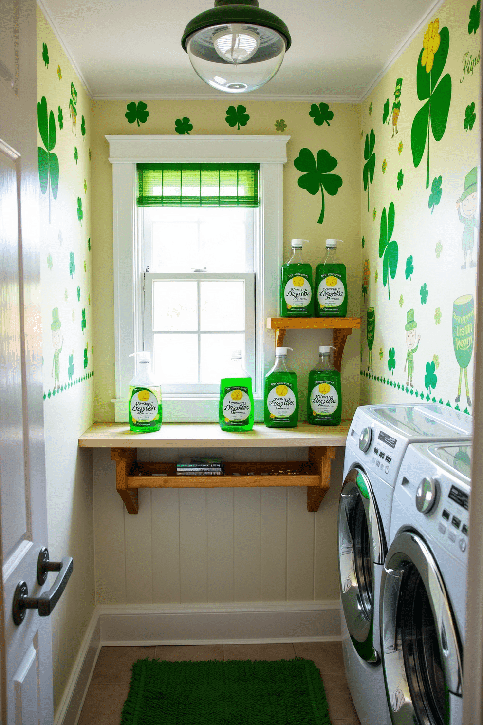 A charming laundry room adorned with Irish-themed fabric softener bottles in vibrant green and gold hues. The walls are decorated with playful St. Patrick's Day motifs, featuring shamrocks and leprechauns, creating a festive atmosphere. A rustic wooden shelf holds neatly arranged bottles, each labeled with whimsical Irish phrases. Soft, natural light filters through a small window, illuminating a cozy corner with a decorative pot of gold and a cheerful green rug.