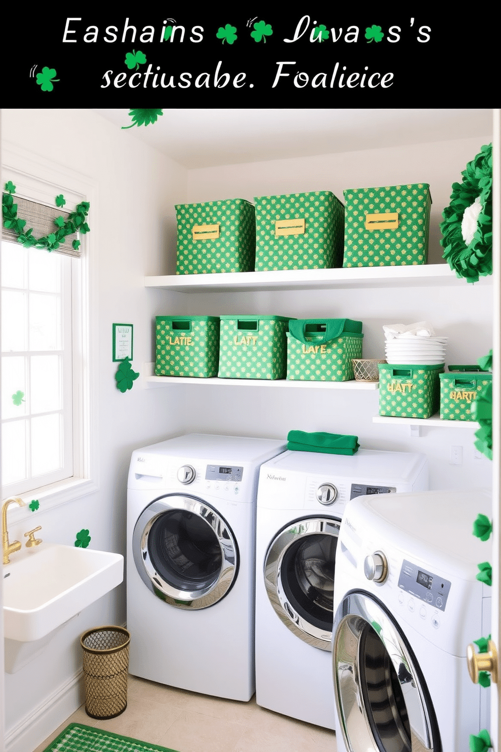 A stylish laundry room adorned with green and gold fabric bins, neatly organized on open shelving. The walls are painted a soft white, creating a bright and airy atmosphere, while festive St. Patrick's Day decorations, such as shamrock garlands and green accents, add a cheerful touch.