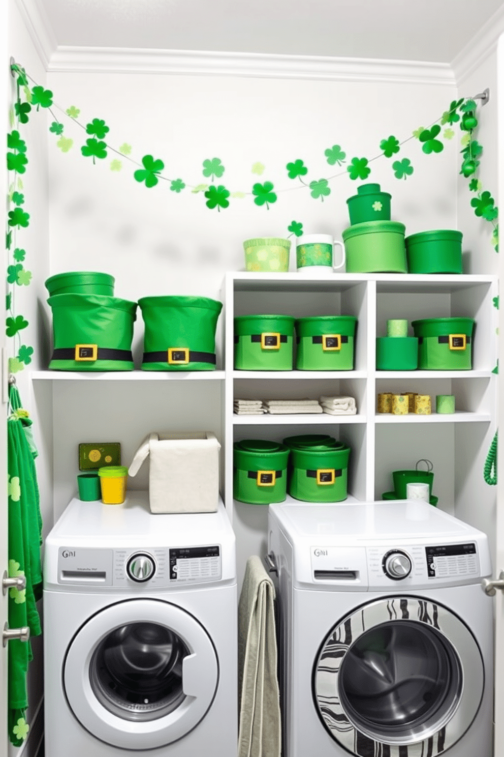 A whimsical laundry room featuring leprechaun hat storage containers, arranged neatly on open shelves. The walls are adorned with festive St. Patrick's Day decorations, including garlands of shamrocks and playful green accents throughout the space.