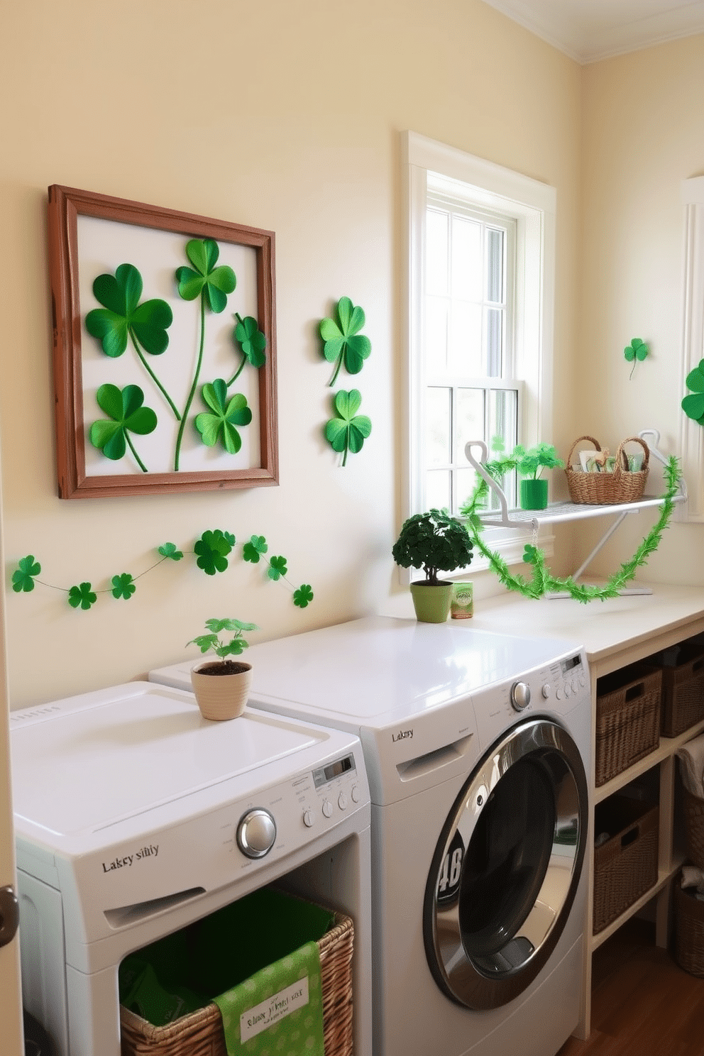 A charming laundry room adorned with lucky clover wall art, featuring vibrant green clovers framed in rustic wood. The walls are painted a soft cream, and a stylish drying rack is positioned near a window, allowing natural light to brighten the space. St. Patrick's Day decorations include cheerful green accents, such as a festive garland draped along the shelves and small potted shamrocks placed on the countertop. The room is organized with neatly labeled baskets, enhancing both functionality and seasonal charm.