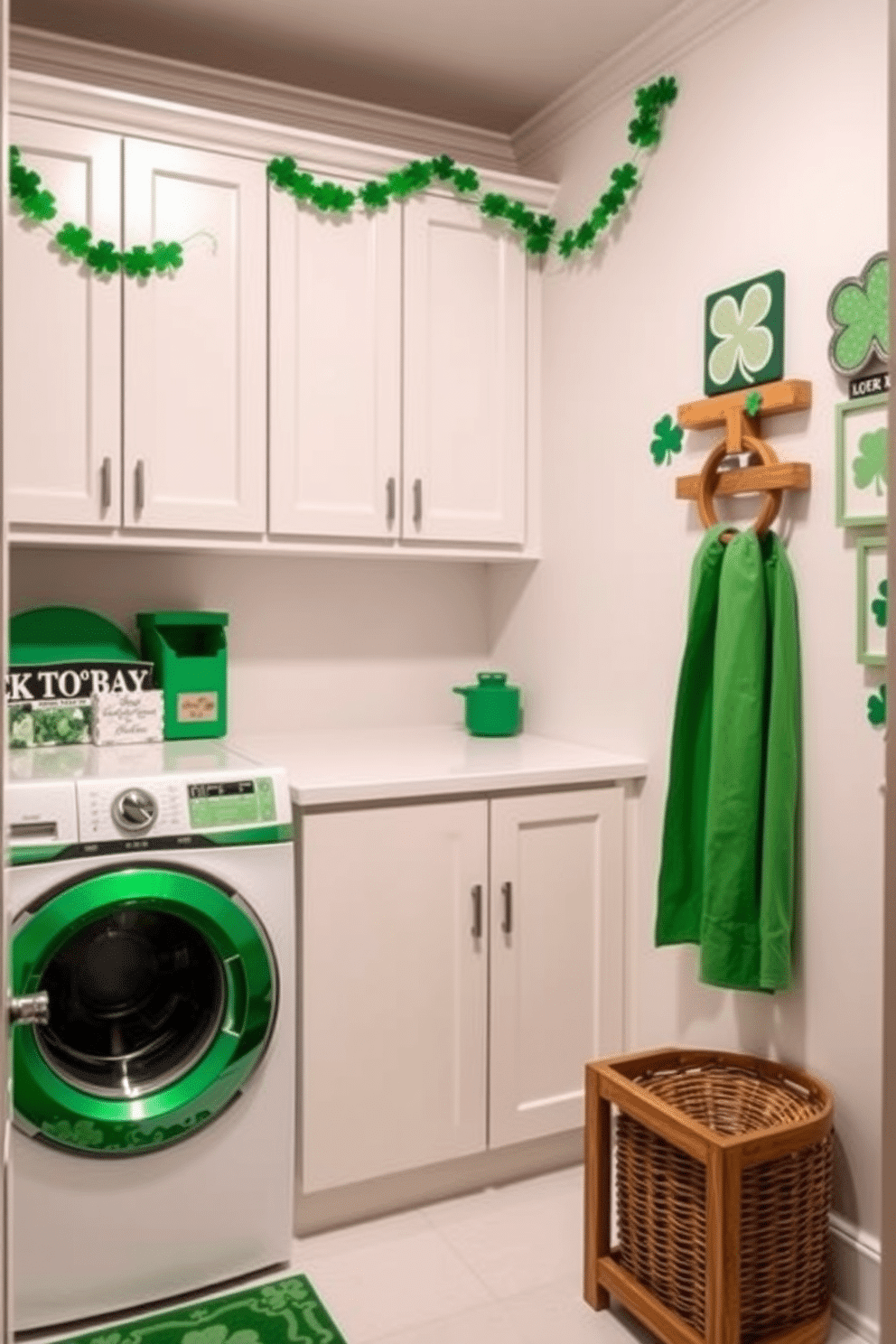 A bright and inviting laundry room featuring an emerald green washer and dryer, seamlessly integrated into custom cabinetry. The walls are adorned with cheerful St. Patrick's Day decorations, including shamrock garlands and festive wall art, creating a lively atmosphere.