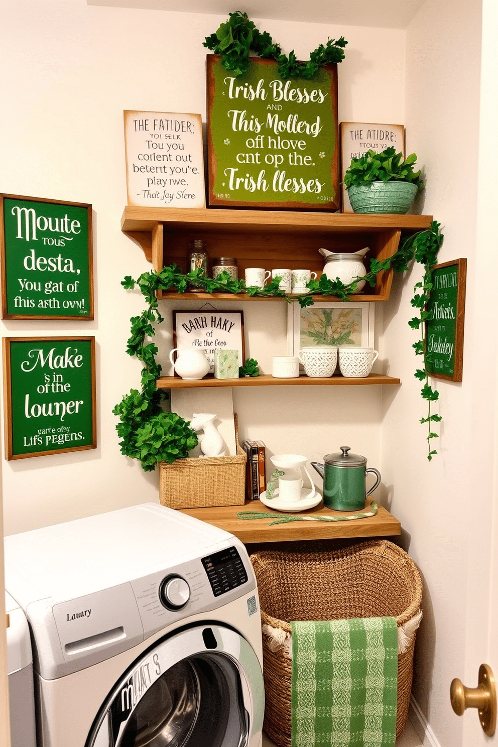 A charming laundry room adorned with Irish blessing quote signs, featuring a rustic wooden shelf displaying various decorative items. The walls are painted a soft cream, complemented by green accents, and a cheerful St. Patrick's Day theme is woven throughout with festive garlands and shamrock motifs.