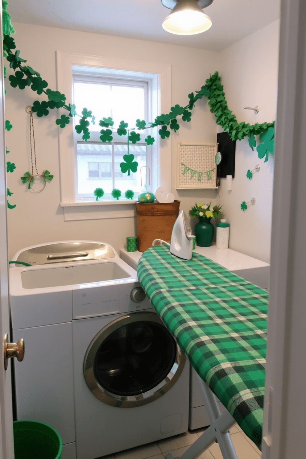 A cozy laundry room featuring a green plaid ironing board cover that adds a touch of charm. The space is adorned with festive St. Patrick's Day decorations, including shamrock garlands and playful green accents throughout.